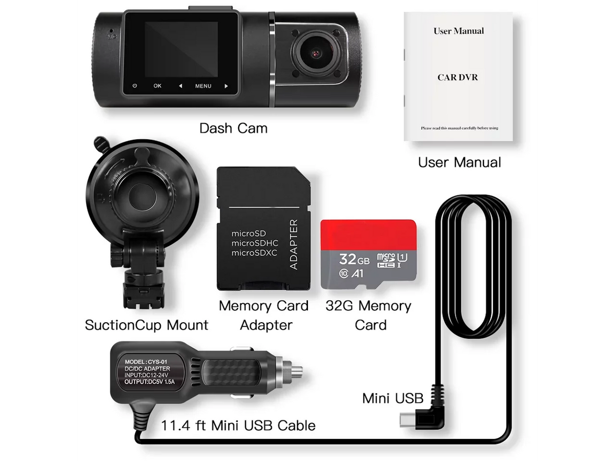 G-Sensor Infrared Car Rideshare Cam Recorder Loop Kit Driving Inside with Dual Night Hardwire for WDR Recording Vision Cabin FHD Dash 1080p+1080p Front Camera Taxi Included