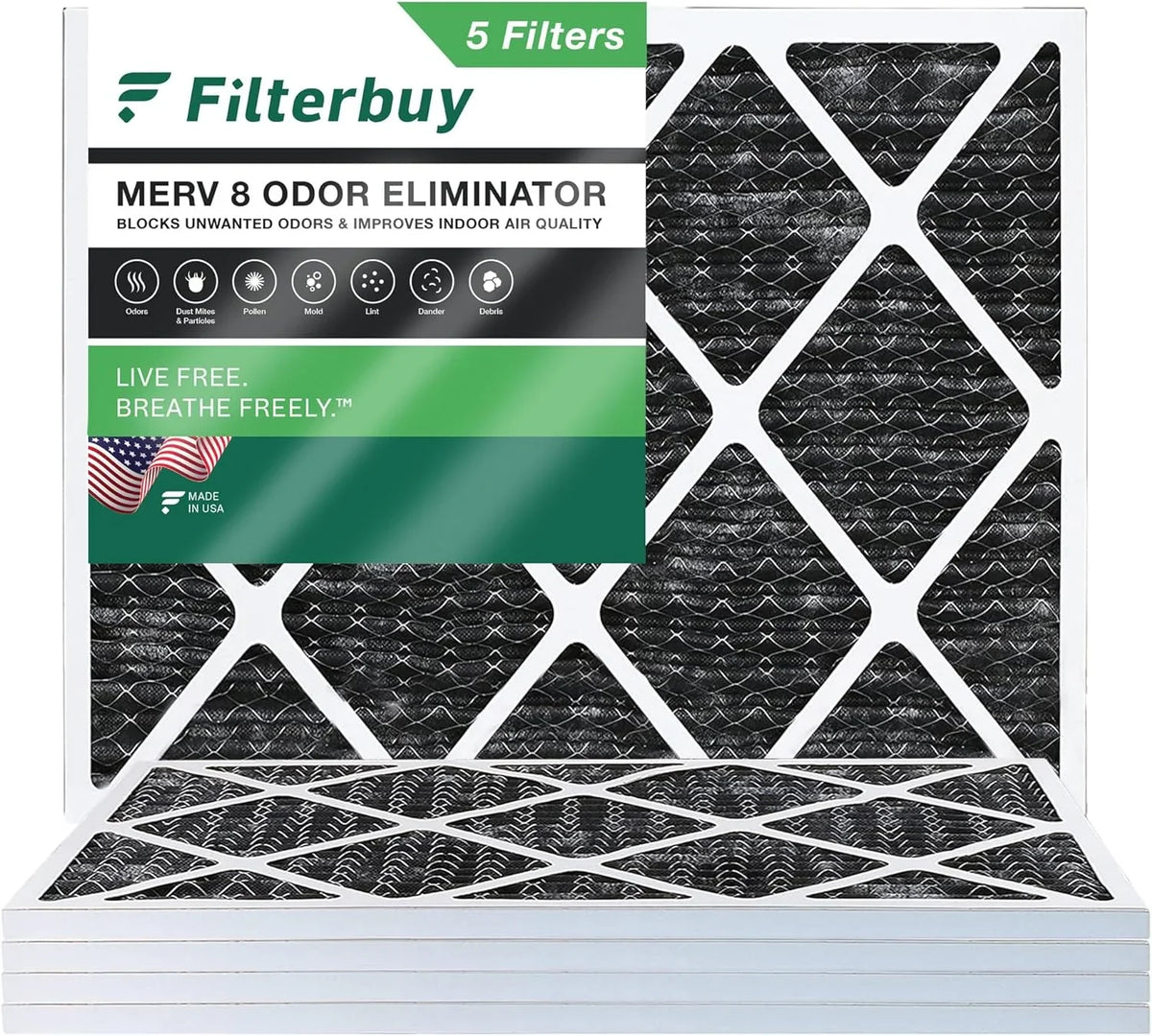 Filterbuy Filters Carbon (5-Pack) 8 15x20x1 AC MERV Furnace with Air Pleated Activated Odor Eliminator HVAC