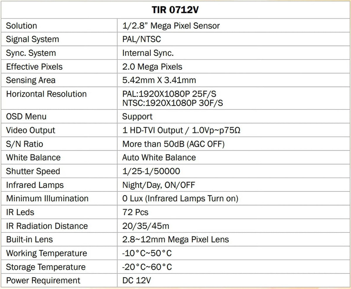 DC Bullet TIR-0712V 72 Outdoor HD-TVI Camera, 2.8-12mm, Eyemax 2MP LED 12V IR