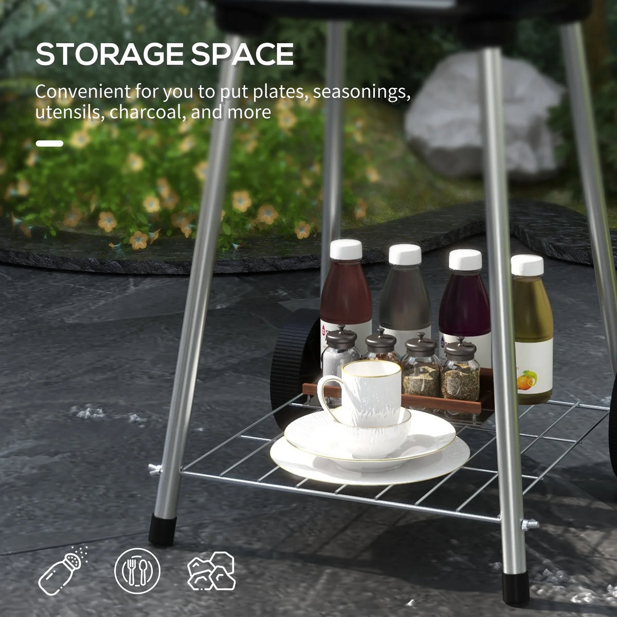 Red Charcoal Outsunny Wheels with Portable Shelf Grill Bottom Picnic, for