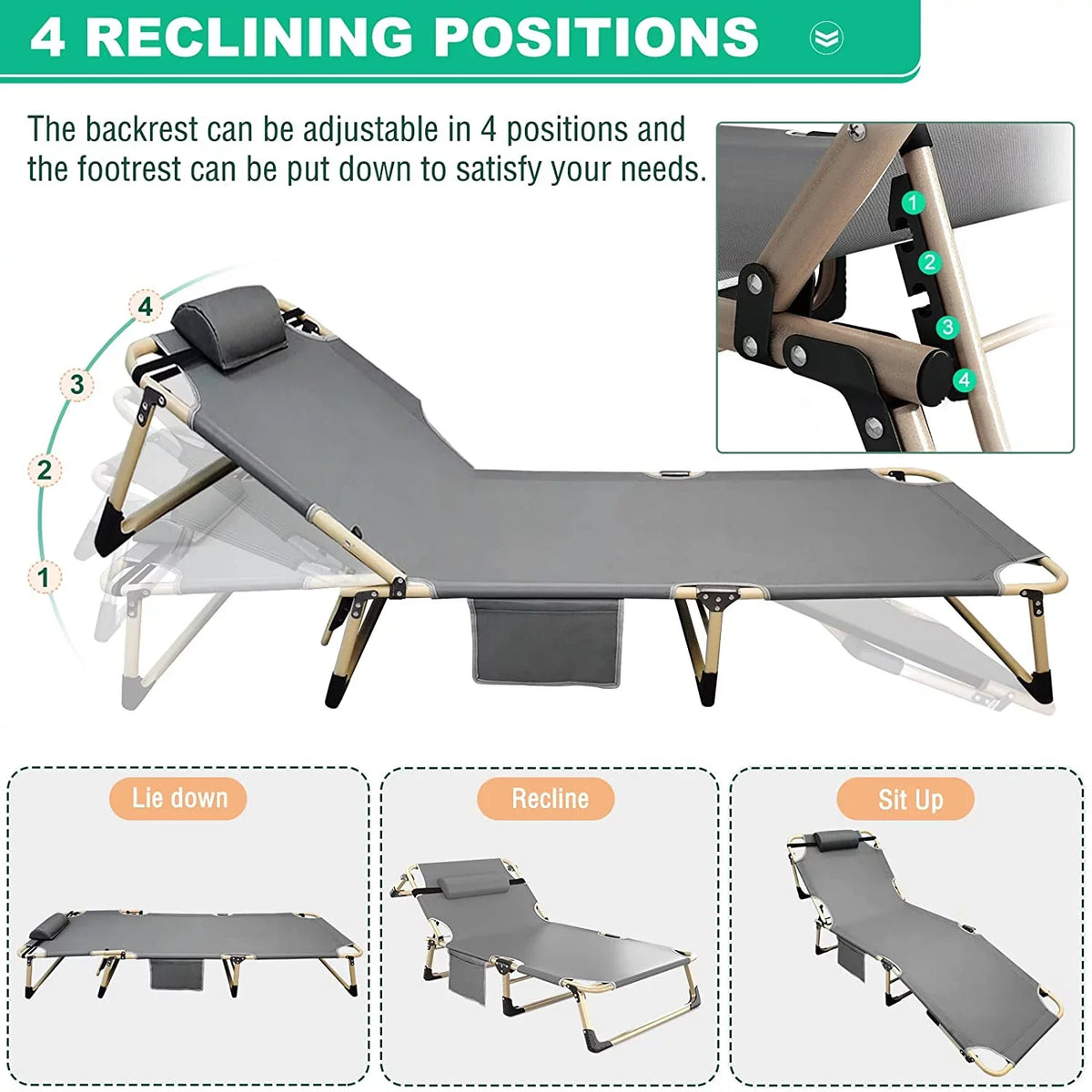 Chaise Chair,Camping Patio Garden Recliner Adjustable Mattress, Lounge Outdoor/Indoor ABORON Portable Pillow Folding and for 4-Fold with Beach Cot,