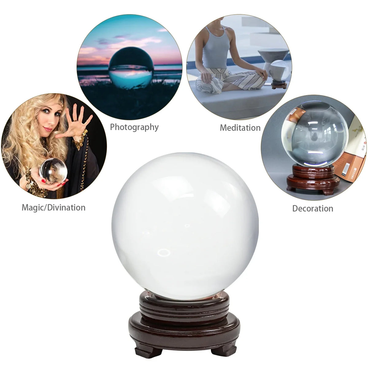 Sphere Stand 150mm Ball Clear Glass bimiti Magic Marbles Crystal Ball, for Wood Glass 5.9" Gift with Large Witch
